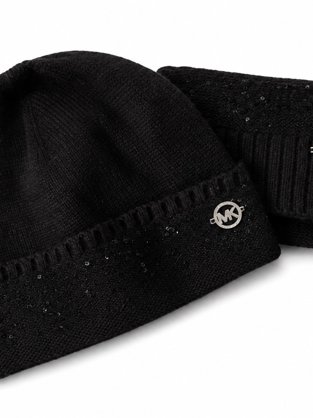 MICHAEL Michael Kors Black Sequin Knit Beanie & Scarf Set MK Logo